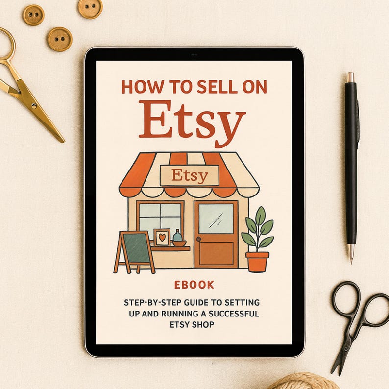 May include: A digital tablet displays an ebook cover titled "HOW TO SELL ON Etsy." The cover features an illustration of a shop with the Etsy logo, and the text "EBOOK STEP-BY-STEP GUIDE TO SETTING UP AND RUNNING A SUCCESSFUL ETSY SHOP."
