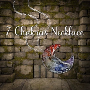 Enchanting 7 Chakra Crystal Necklace, Wire Wrapped Tree of Life & Crescent Moon Pendant. Reiki-infused, natural stones for spiritual healing