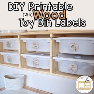 DIY druckbare Faux-Holz-runde Spielzeug-Etiketten, die mit IKEA Trofast-Behältern und Flisat-Tisch-Einrichtungen digitaler Download kompatibel sind