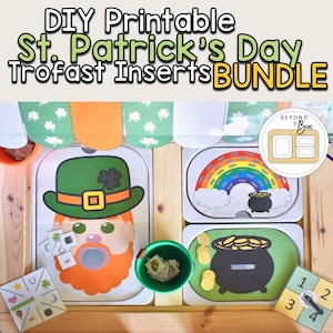 Könnte beinhalten: Druckbare St. Patrick's Day Trofast-Einsätze für Kinder. Das Set enthält einen Koboldkopf, einen Regenbogen, einen Topf mit Gold und ein Spielbrett. Die Einsätze sind so konzipiert, dass sie in Trofast-Aufbewahrungsbehälter passen.