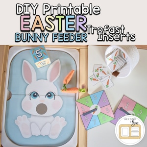 Peut inclure: Inserts imprimables DIY pour mangeoire de lapin de Pâques Trofast avec un lapin blanc, des carottes et des toupies numérotées. Les inserts sont conçus pour s'adapter au système de rangement Trofast.