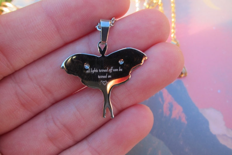 Moth Necklace: Green Stone Lunar Moth, Silver/Gold Plated image 5