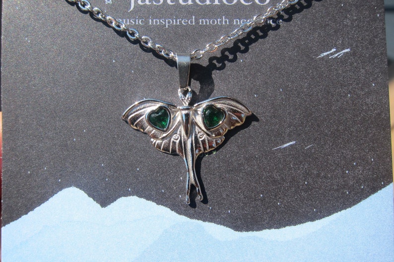 Moth Necklace: Green Stone Lunar Moth, Silver/Gold Plated image 3