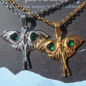 Moth Necklace: Green Stone Lunar Moth, Silver/Gold Plated image 2