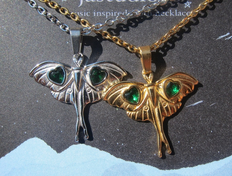 Moth Necklace: Green Stone Lunar Moth, Silver/Gold Plated image 2