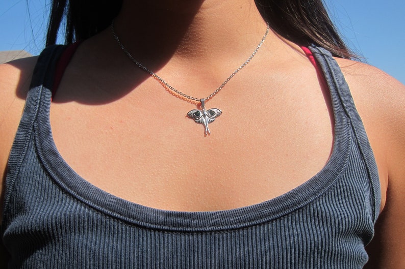 Moth Necklace: Green Stone Lunar Moth, Silver/Gold Plated image 6