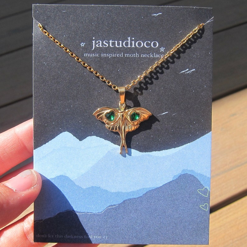 Moth Necklace: Green Stone Lunar Moth, Silver/Gold Plated image 1