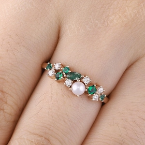 Dainty Natural Pearl Moss Agate Moissanite Emerald Cluster Wedding Band Ring Solid Gold Stacking Rings for Women Anniversary Gift for Her