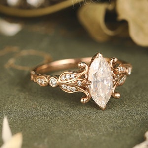 Vintage Moissanite Engagement Ring Gold Unique Marquise Wedding Rings for Women Art Deco Floral Ring Inspired Iris Flower Ring Gift for Her