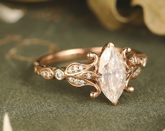 Vintage Moissanite Engagement Ring Gold Unique Marquise Wedding Rings for Women Art Deco Floral Ring Inspired Iris Flower Ring Gift for Her