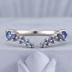 Art Deco Natural Cornflower Blue Sapphire Curved Wedding Band Open Wedding band Rose Gold Delicate Matching Ring Band V Shaped Ring Custom