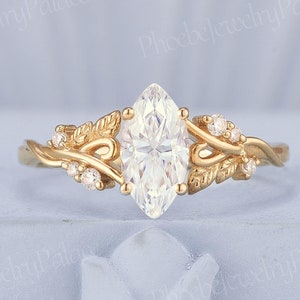 Pierścionek zaręczynowy Art Deco Marquise Moissanite Pierścionek z żółtego złota inspirowany naturą Pierścionek z motywem gałęzi i liści Moissanite dla kobiet Prezent dla niej
