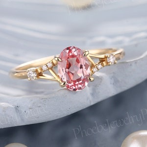 Art Deco Pink Sapphire Engagement Ring Vintage Oval Sapphire Wedding Rings Gold Diamond Rings for Women Custom Handmade Jeweler Gift for Her