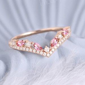 Natural Pink Sapphire Curved Wedding Band Moissanite Wedding Ring Gold Diamond Pave Rings for Women Stacking Band Matching Ring Chevron Band