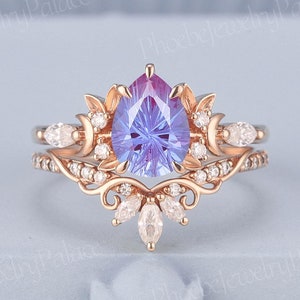 Unique Pear Alexandrite Engagement Ring Set Rose Gold Nature Inspired Moon & Leaf Design Rings for Women Moissanite Cluster Gift for Her