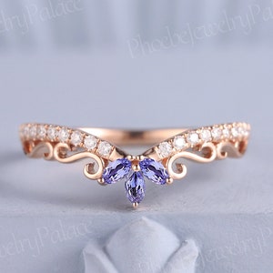 Unique Tanzanite Moissanite Curved Wedding Band Gold Art Deco Wedding Rings for Women Matching Ring Band Diamond Cluster Ring Gift for Her