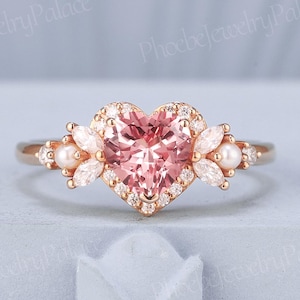 Art Deco Heart Pink Sapphire Engagement Ring Rose Gold Unique Love Rings for Women Halo Moissanite Pearl Cluster Ring Custom Gift for Her