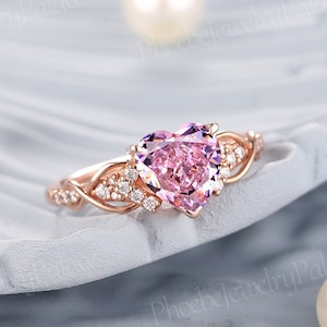 Unique Pink Sapphire Engagement Ring Solid Gold Heart Love Rings for Women Vintage Moissanite Cluster Wedding Ring Custom Handmade Gift