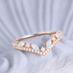 Delicate Fire White Opal Curved Wedding Band Solid Gold Wedding Ring Diamond Pave Rings for Women Stacking Band Matching Ring Chevron Band