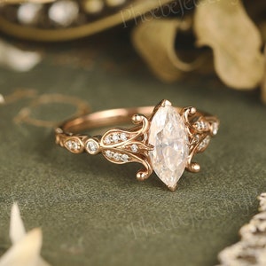 Vintage Moissanite Engagement Ring Gold Unique Marquise Wedding Rings for Women Art Deco Floral Ring Inspired Iris Flower Ring Gift for Her