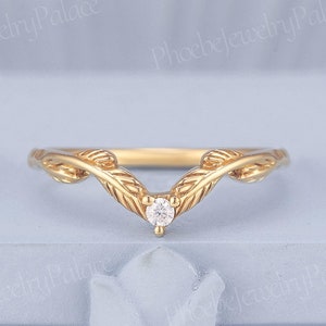 Art Deco Moissanite Curved Wedding Band Minimalism Nature Inspired Leaf Diamond Wedding Rings for Women Gold Vine Ring Guard Gift for Her
