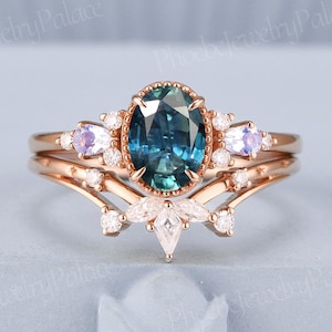 Vintage Teal Sapphire Engagement Ring Set 14k Gold Unique Moonstone Cluster Wedding Rings for Women Art Deco Anniversary Gift for Her Custom