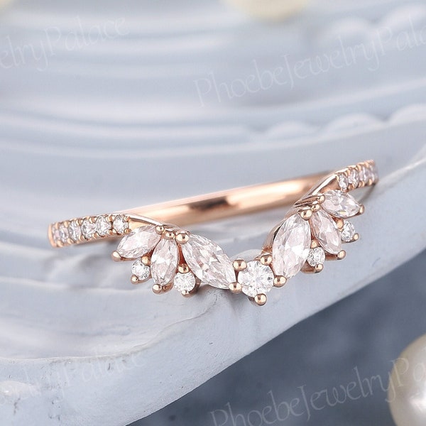 Unique curved wedding band Marquise Cut Rose Gold Diamond Bridal Band Vintage Wedding Ring Moissanite Stacking Matching Chevron Band Custom