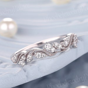 Art Deco Moissanite Wedding Band Solid White Gold Rings for Women Vintage Milgrain Engagement Stacking Ring Dainty Ring Anniversary Gift