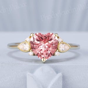 Vintage Heart Pink Sapphire Engagement Ring Rose Gold Unique Love Rings for Women Moissanite Cluster Ring Handmade Custom Gift for Her