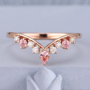 Art Deco Natural Pink Sapphire Moissanite Curved Wedding Band Gold Diamond Matching Ring Band Chevron Band V Shaped Anniversary Gift