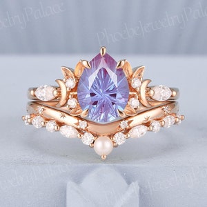 Unique Pear Alexandrite Engagement Ring Set Rose Gold Nature Inspired Moon & Leaf Design Rings for Women Moissanite Cluster Gift for Her