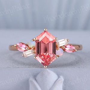 Unique peach pink sapphire engagement ring hexagon sapphire wedding rings for women solid gold moissanite opal cluster ring handmade gift