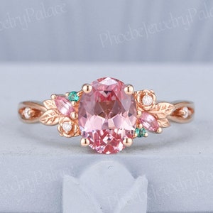 Art Deco Pink Sapphire Engagement Ring Nature Inspired Wedding Rings for Women Gold Floral Rose Bud Ring Anniversary Gift for Her Custom