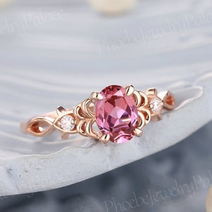 Delicate Peach Pink Sapphire Engagement Ring Solid Gold Pinky Wedding Rings for Women Diamond Branch Ring Christmas Unique Handmade Gift