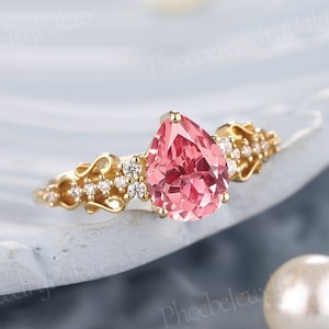 Unique peach sapphire engagement ring delicate pear pink sapphire wedding ring solid 14k gold rings handmade gift anniversary gift women