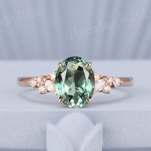 Vintage Oval Green Sapphire Engagement Ring Rose Gold Marquise Moissanite Cluster Wedding Rings for Women Anniversary Ring for Her Handmade