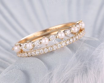 Dainty Natural Pearl Moissanite Diamond Cluster Wedding Ring Set Solid Gold Stacking Rings for Women Anniversary Gift for Her Handmade Gift