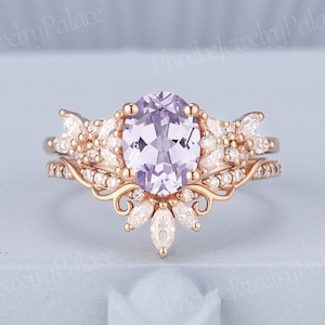Vintage Oval Lavendel lila Saphir Verlobungsring Set Rose Gold Natur Inspiriert Moissanit Cluster Ring Jahrestag Geschenk für sie