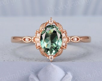 Vintage Oval Green Sapphire Engagement Ring Art Deco Minimalism Diamond Cluster Wedding Rings for Women Anniversary Unique Gift Custom