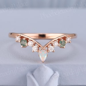 Nature Inspired moissanite curved wedding band solid gold opal moss agate diamond matching ring band chevron band v shaped anniversary gift