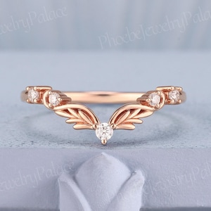 Vintage Curved Wedding Band Rose Gold Leaf Wedding Rings for Women Diamond Stackable Ring Chevron Band Custom Christmas Unique Gift for Her