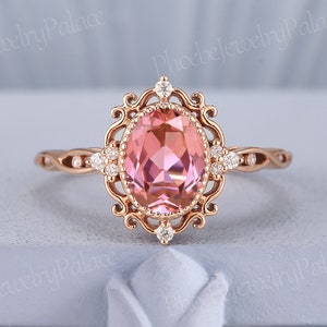 Vintage pink sapphire engagement ring delicate peach sapphire wedding rings for women solid gold rings unique handmade gift anniversary gift