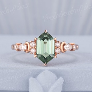 Unique Green Sapphire Engagement Ring Hexagon Sapphire Wedding Rings for Women Solid Gold Diamond Cluster Ring Vintage Handmade Ring Gift