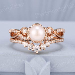 Vintage Akoya Pearl Engagement Ring Set Half Eternity Rings Curved Wedding Band Pearl Wedding Rings for Women Promise Bridal Pearl Jewelry