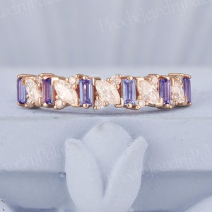 Unique Baguette Alexandrite Wedding Band Art Deco Wedding Rings for Women Delicate Stackable Ring Moissanite Cluster Ring Anniversary Gift