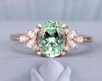 Delicate Green Sapphire Engagement Ring Oval Mint Sapphire Diamond Cluster Wedding Rings for Women Anniversary Gift for Her Custom Ring