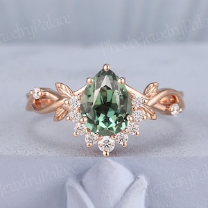 Vintage Green Sapphire Engagement Ring Delicate Pear Wedding Ring Gold Moissanite Inspire Leaf Unique Handmade Anniversary Gift for Her