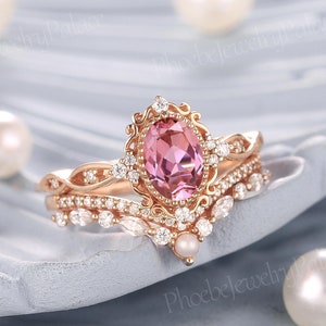 Vintage Rosa Saphir Verlobungsring Set Gold Einzigartige Trauringe für Frauen Moissanite Perle Cluster Ringe Jahrestag Geschenk für Sie
