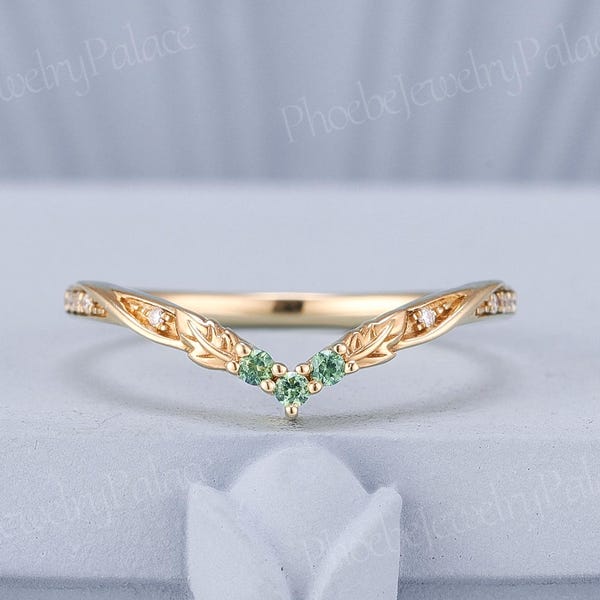 Art Deco Natural Green Sapphire Wedding Band Leaf Engraved Curved Band Nature Inspired Gold Handmade Wedding Ring Matching Stacking Band