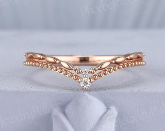 Art Deco Moissanite Curved Wedding Band Unique Double Wedding Band Minimalism Ring Gold Matching Chervon Band Handmade Anniversary Gift
